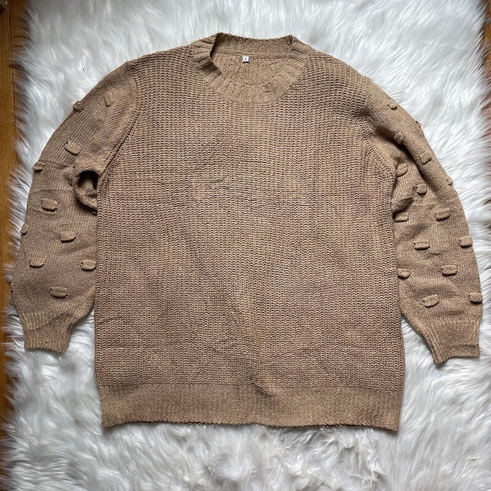 Boho Minimalist Brown Sweater women’s large Balloon Sleeve raised dots oversized